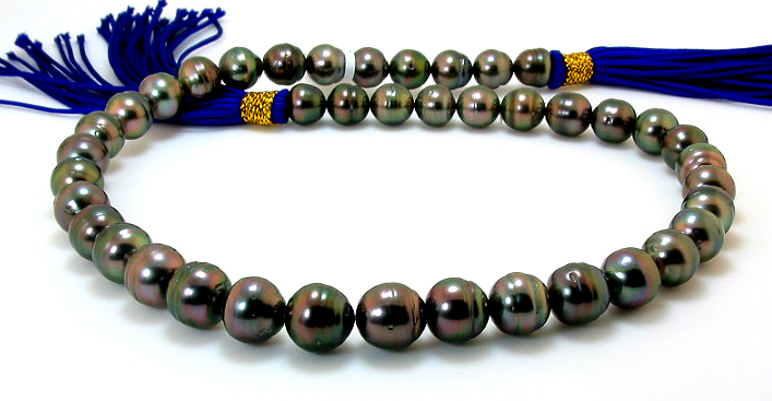 9MM - 10.8MM Dark Gray/Red Tahitian Pearl Necklace 14K Clasp 18in