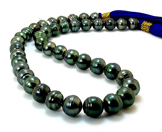 9MM - 10.8MM Peacock Green Tahitian Pearl Necklace 14K Clasp 18in