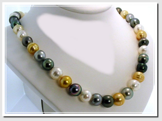 9MM - 12.2MM Multi Color Tahitian & South Sea Pearl Necklace 14K Diamond Clasp 18in
