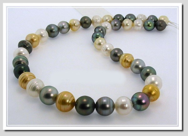 9MM - 12.2MM Multi Color Tahitian & South Sea Pearl Necklace 14K Diamond Clasp 18in