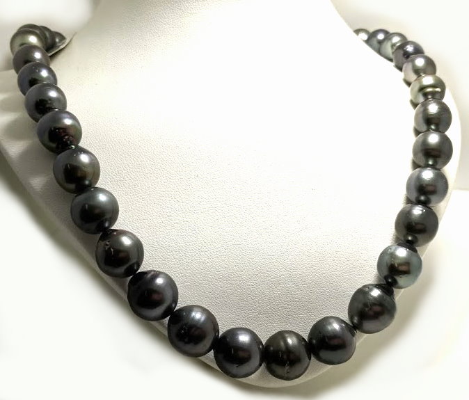 11MM - 13MM Dark Gray Tahitian Pearl Necklace, 14K Clasp, 17.5in 