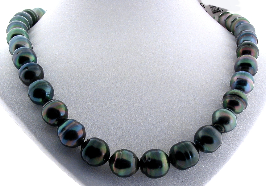 10MM - 12MM Peacock Tahitian Pearl Necklace, 14K Clasp, 18in