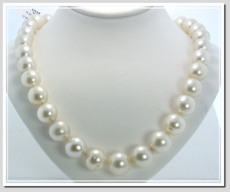 10.5 - 15.8MM Off Round White South Sea Pearl Necklace 14K Diamond Ball Clasp 18in
