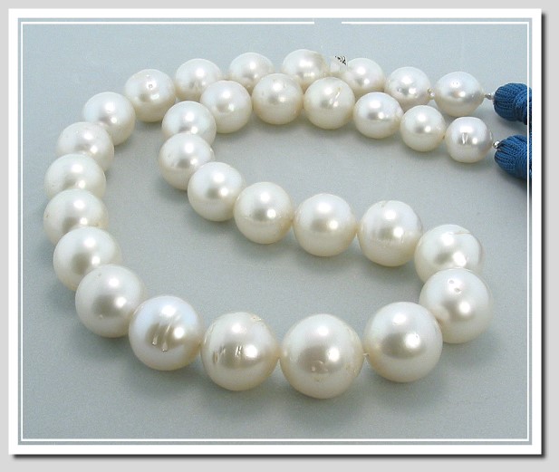 10.5 - 15.8MM Off Round White South Sea Pearl Necklace 14K Diamond Ball Clasp 18in