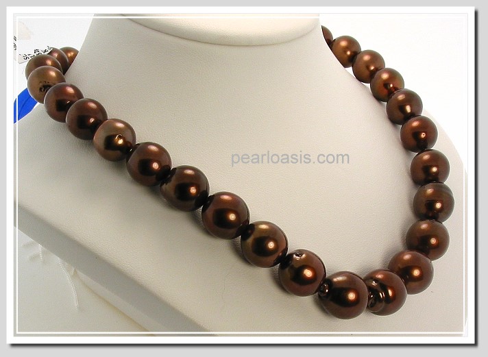 11X13.5MM Chocolate Brown Tahitian Pearl Necklace 14K Diamond Clasp 17.5in