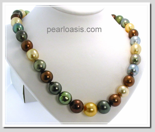 11MM -- 14.5MM Multi Color South Sea & Tahitian Pearl Necklace 14K Diamond Clasp 18in