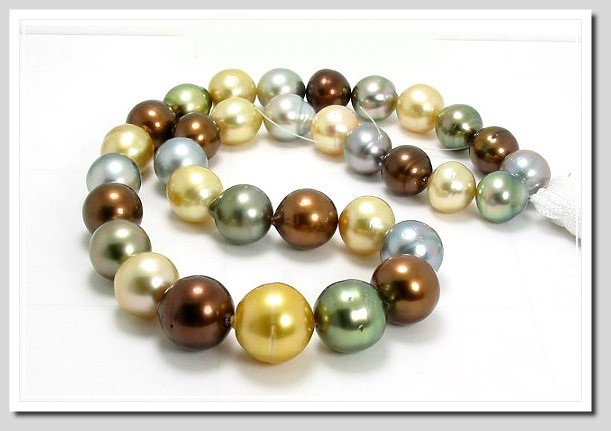 11MM - 14.5MM Multi Color South Sea & Tahitian Pearl Necklace 14K Diamond Clasp 18in
