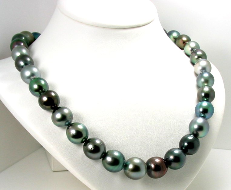 11MM - 13.5MM Multi Natural Color Tahitian Pearl Necklace 14K Diamond Clasp 17.5in