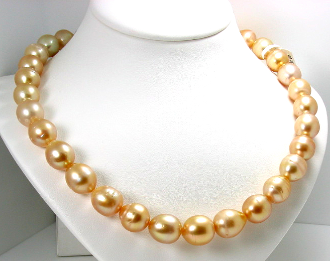 11X13MM - 13X14.7MM Dark Golden South Sea Pearl Necklace 14K Diamond Clasp 18in