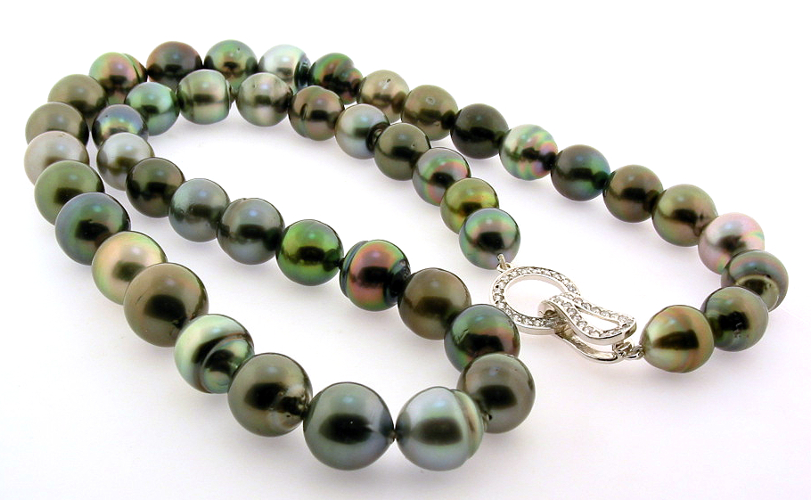 11MM - 13.7X15MM Multi Color Tahitian Pearl Necklace, Silver CZ Clasp, 25in