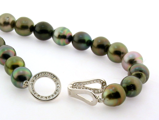 11MM - 13.7X15MM Multi Color Tahitian Pearl Necklace, Silver CZ Clasp, 25in