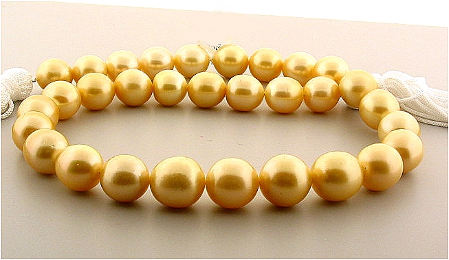 12MM - 14MM Golden South Sea Pearl Necklace, 14K Diamond Clasp, 17.5in