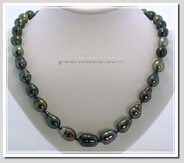 8MM - 10.4X16MM Black Tahitian Baroque Pearl Necklace 14K Clasp 17.8in.