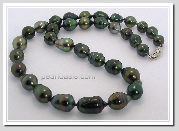 8MM - 10.4X16MM Black Tahitian Baroque Pearl Necklace 14K Clasp 17.8in.