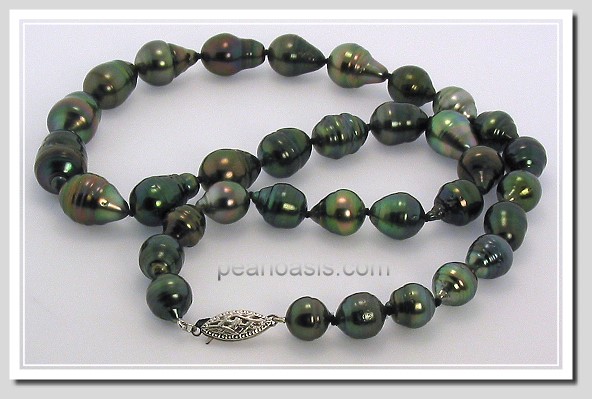 8MM - 10.4X16MM Black Tahitian Baroque Pearl Necklace 14K Clasp 17.8in.