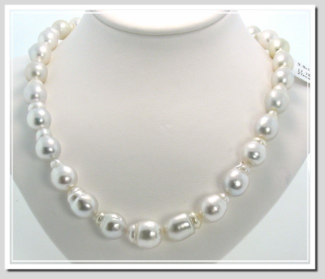 9.8X13MM - 12.9X16MM White Baroque South Sea Pearl Necklace 14K Diamond Ball Gold Clasp 17in