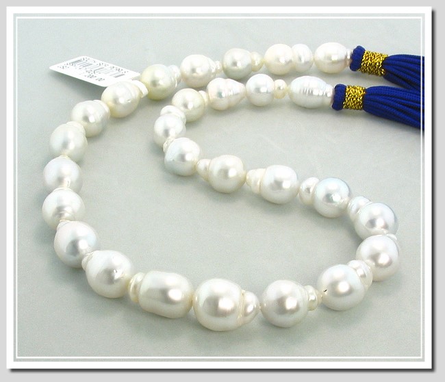 9.8X13MM - 12.9X16MM White Baroque South Sea Pearl Necklace 14K Diamond Ball Gold Clasp 17in