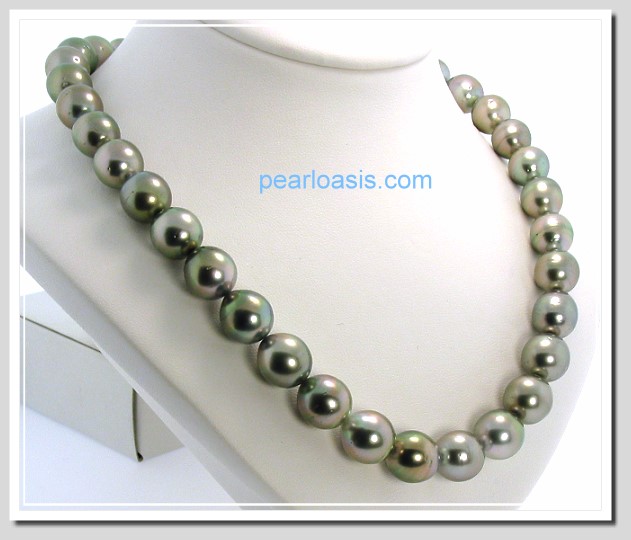 10MM - 11.7X13MM Gray Tahitian Pearl Necklace 14K White Gold Clasp 17.5in.