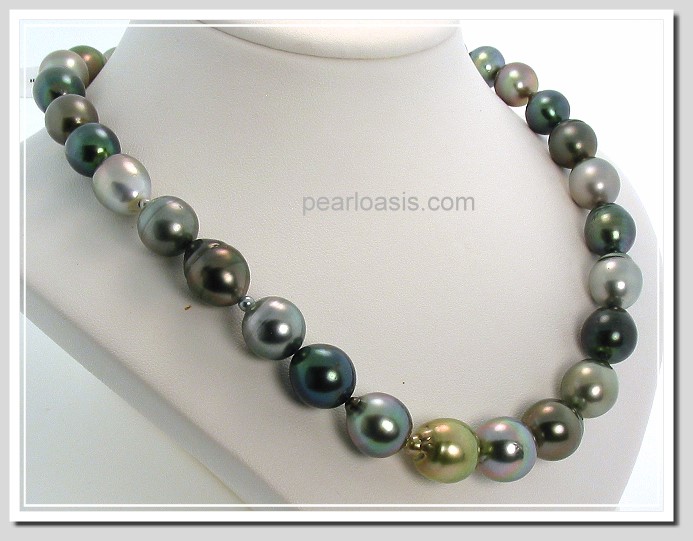 10X12MM - 13.2X14MM Multi Color Tahitian Pearl Necklace 14K Clasp 18in