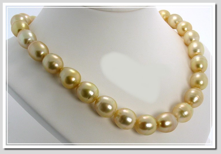 11X14MM - 13X15.9MM Golden Baroque South Sea Pearl Necklace 18K Yellow Gold Clasp 17.5in