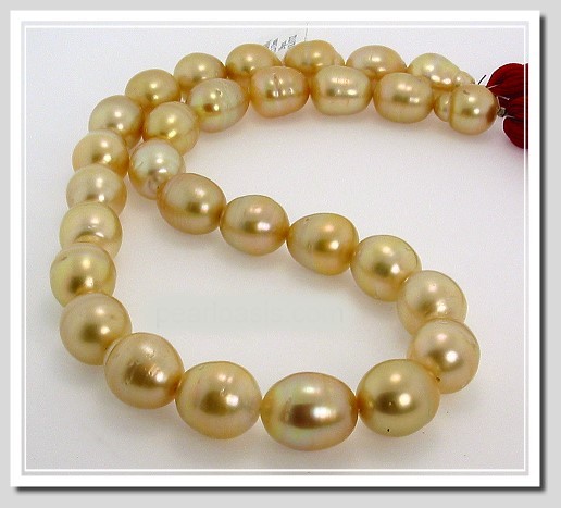 11X14MM - 13X15.9MM Golden Baroque South Sea Pearl Necklace 18K Yellow Gold Clasp 17.5in
