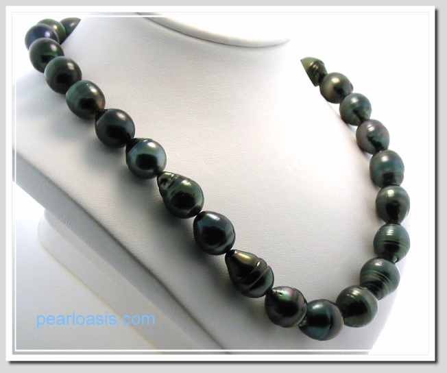 11X14MM - 14X16MM Black Baroque Tahitian Pearl Necklace 14K Clasp 17.5in