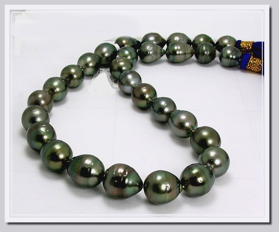 11X12MM - 12.8X15MM Gray/Green Tahitian Pearl Necklace 14K Clasp 17.5in