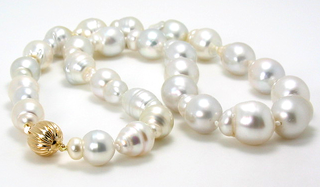 9.8X13MM - 12.9X16MM White Baroque South Sea Pearl Necklace 14K Gold Clasp 17.5in