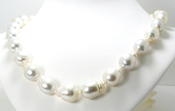 9.8X13MM - 12.9X16MM White Baroque South Sea Pearl Necklace 14K Gold Clasp 17.5in