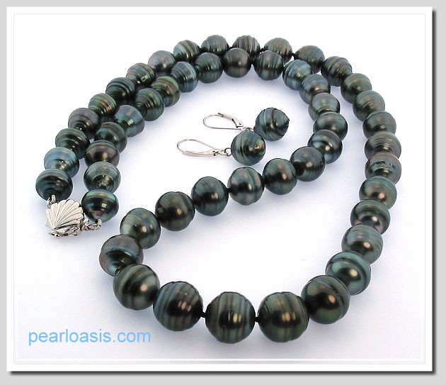 10-12MM Dark Gray Tahitian Pearl Necklace/Earring Set 14K Gold. 23.5in.