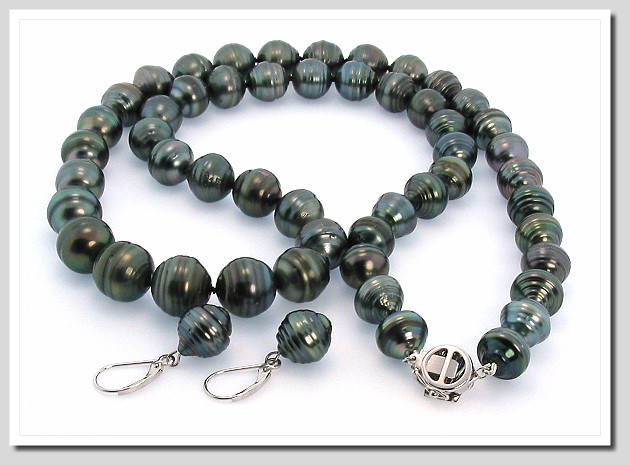 10-12MM Dark Gray Tahitian Pearl Necklace/Earring Set 14K Gold. 23.5in.