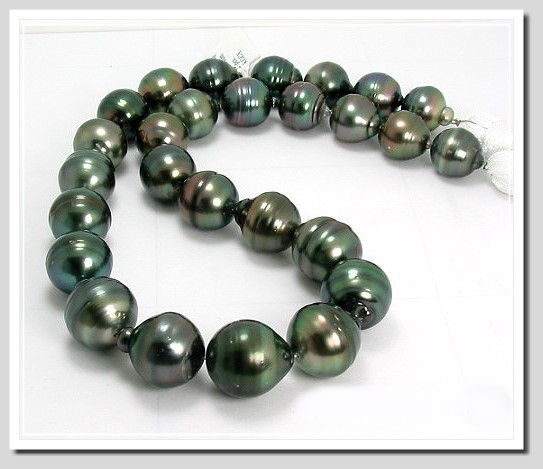 12X13MM -- 14.7X17.5MM Gray/Green Tahitian Pearl Necklace 14K Clasp 17.5in 