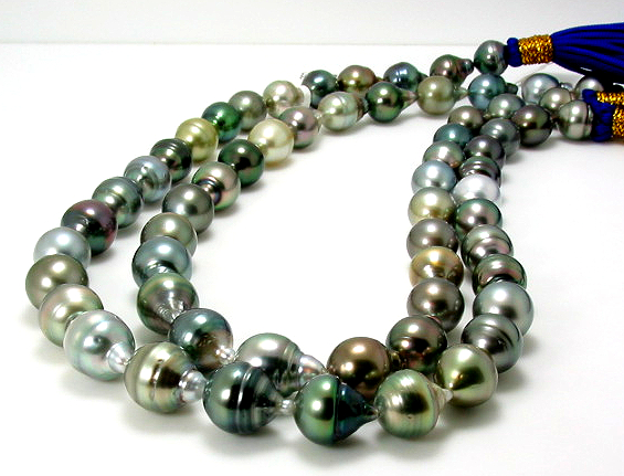 9X10MM - 10.6X13.7MM Multi Color Tahitian Pearl Necklace 14K White Gold Clasp 35in