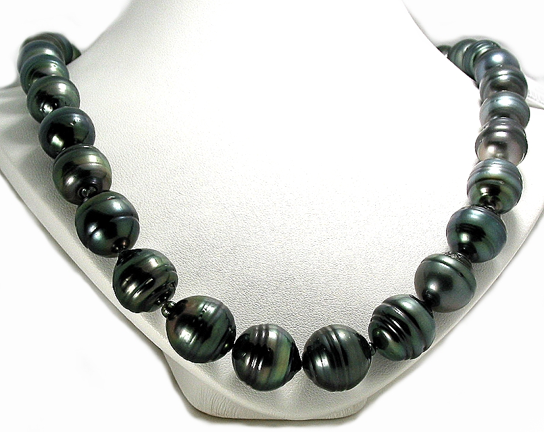 12MM - 14.8MM Black Tahitian Pearl Necklace 14K Clasp, 18in