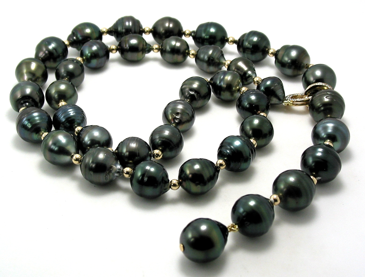 10X10.5MM to 11.2X13.3MM Tahitian Pearl & Gold Bead Lariat Necklace, 14K Diamond Clasp, 23in