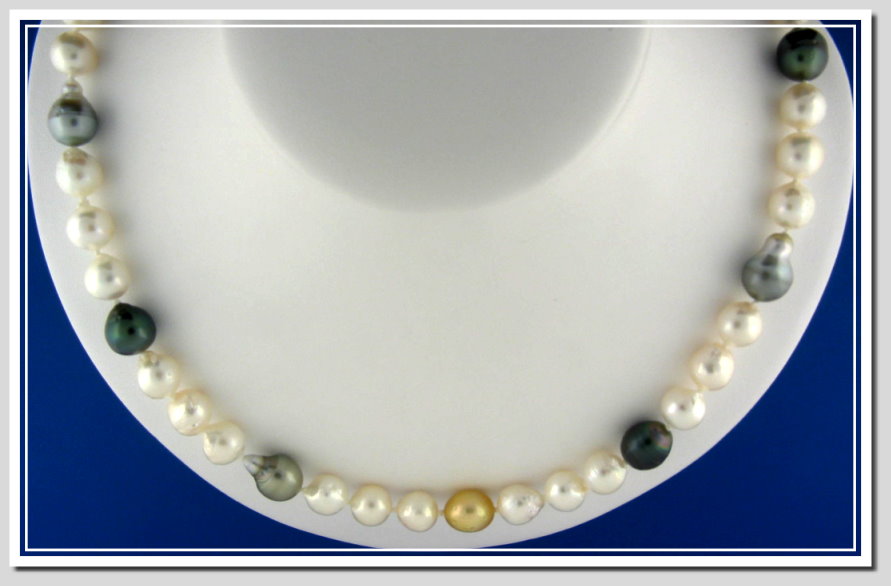 Multi Color Baroque Akoya Tahitian South Sea Pearl Necklace 14K Clasp 23in.