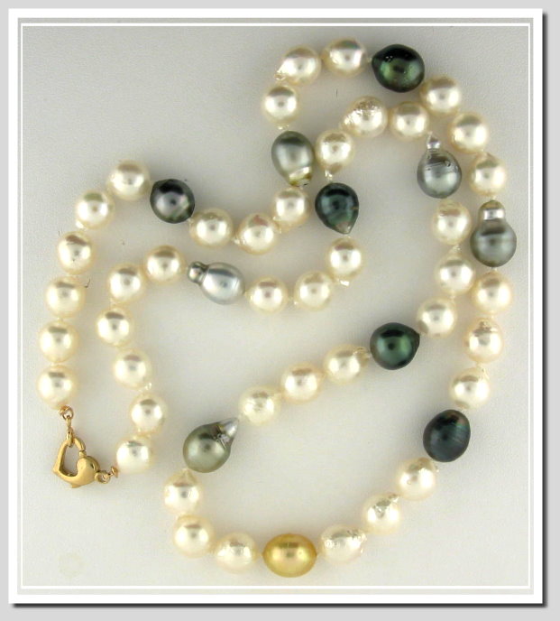 Multi Color Baroque Akoya Tahitian South Sea Pearl Necklace 14K Clasp 23in.