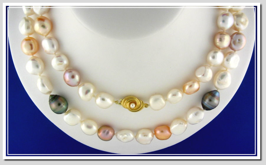 11X14MM Multi Color Baroque Tahitian & FW Pearl Necklace 14K Pearl Clasp 32in.
