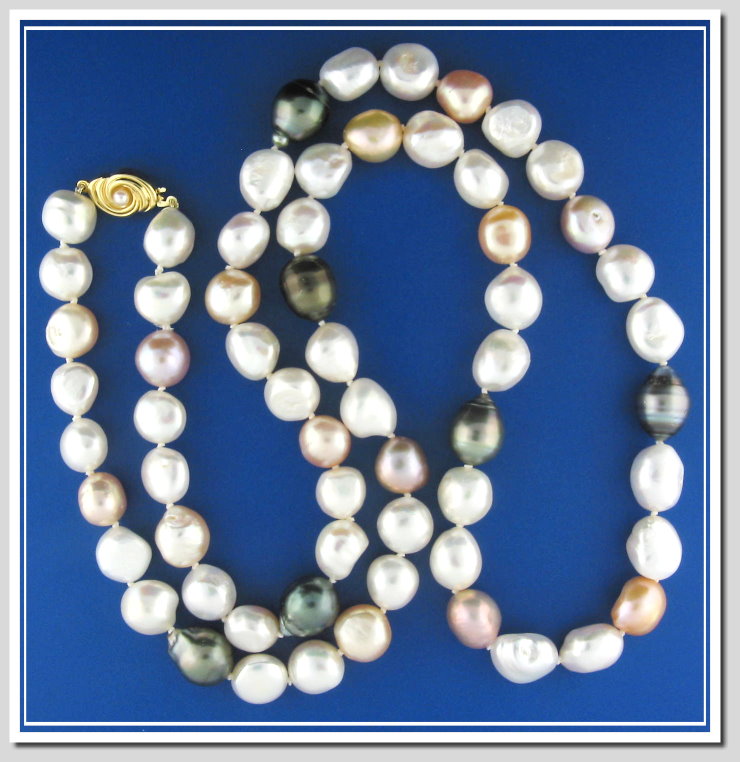 11X14MM Multi Color Baroque Tahitian & FW Pearl Necklace 14K Pearl Clasp 32in.