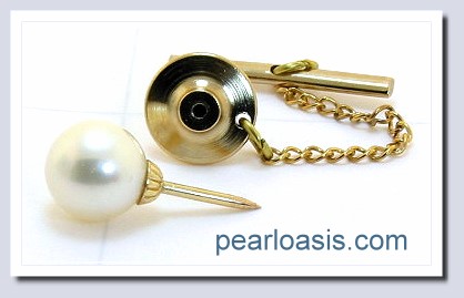 AAA 9-9.5MM White Round Freshwater Pearl Tie Tack 14K Yellow Gold