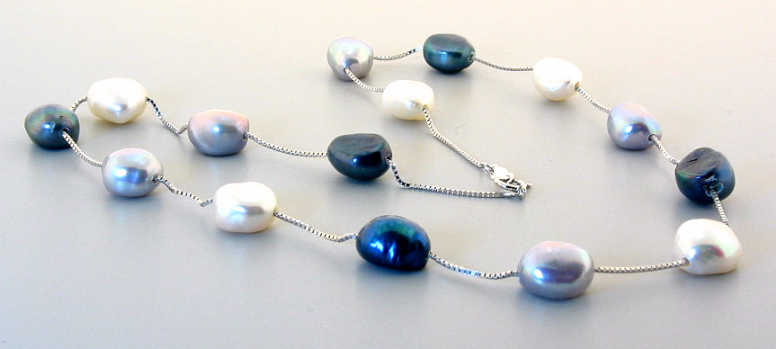9X10MM Multi Color Freshwater Pearl Tin Cup Necklace, 14K White Gold, 17in