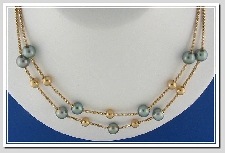 2 Strand Mov-A-Pearl Tin Cup Necklace 8.2-8.6MM Gray/Blue Tahitian Pearls 14K Yellow Gold 17+18In. 