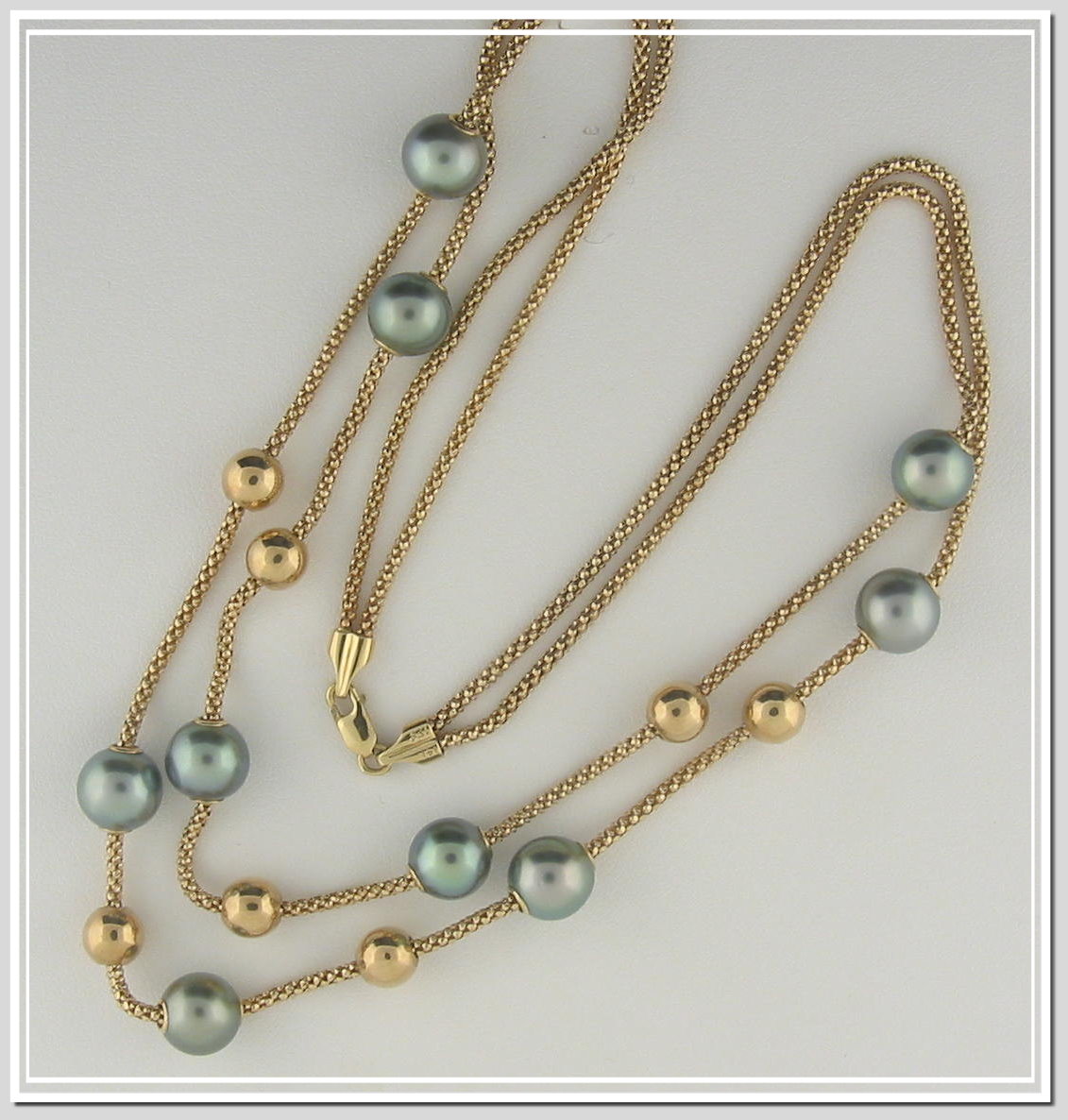 2 Strand Mov-A-Pearl Tin Cup Necklace 8.2-8.6MM Gray/Blue Tahitian Pearls 14K Yellow Gold 17+18In. 