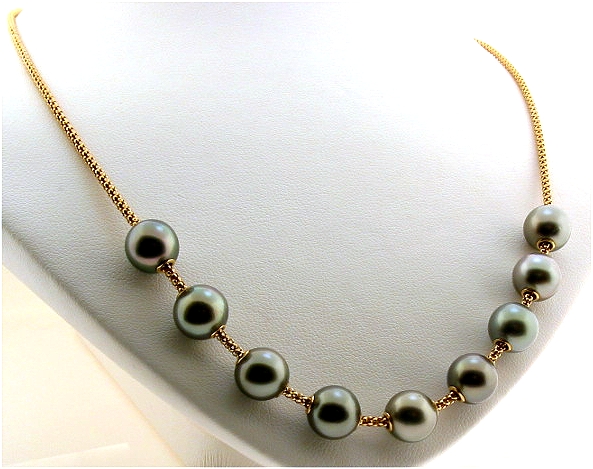 Mov-A-Pearl Tin Cup Necklace: 8.9-9MM Tahitian Dark Gray Pearls 14K Yellow Gold 17in. 