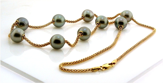 Mov-A-Pearl Tin Cup Necklace: 8.9-9MM Tahitian Dark Gray Pearls 14K Yellow Gold 17in. 
