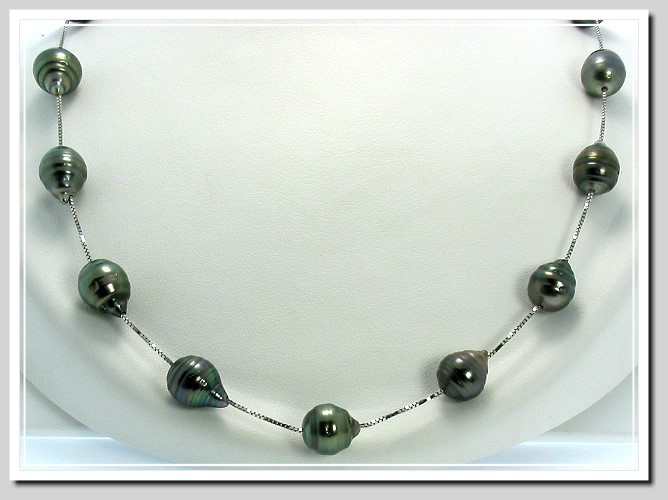 9X11MM Tahitian Circle Pearl Tin Cup Necklace 14K White Gold 17in.