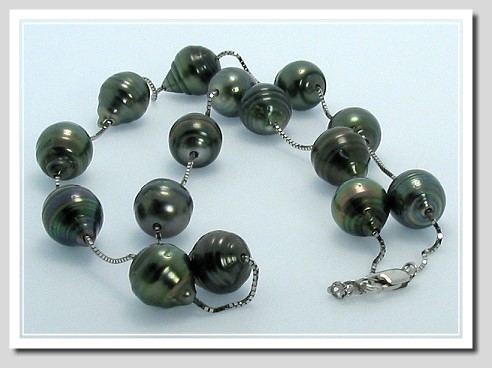 9X11MM Tahitian Circle Pearl Tin Cup Necklace 14K White Gold 17in.