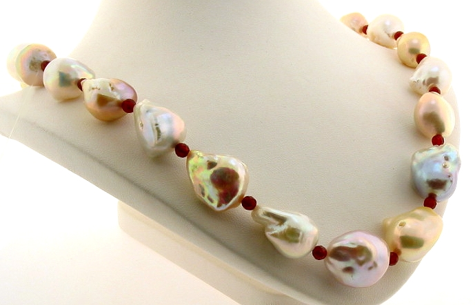 14X19MM - 17X20MM Multi Color Freshwater Pearl & Red Crystal Necklace 14K Clasp 20.5in