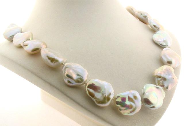 14MM - 20MM White Baroque Freshwater Pearl Necklace, Silver Clasp, 17.5in