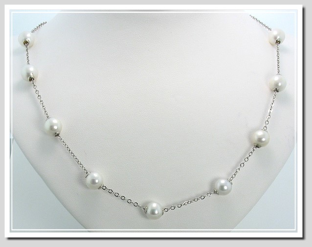 Mov-A-Pearl Necklace w/8-8.5MM White Freshwater Cultured Pearls on Silver Chain, 17 In.